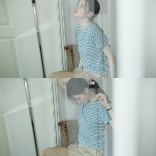 春也白 复古圆领松弛感莱赛尔条纹短袖T恤女夏款百搭显瘦正肩上衣 - 图1