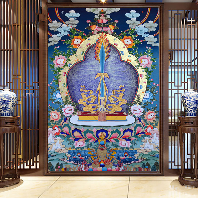 智慧之剑背景墙纸藏式唐卡民族风玄关寺庙佛堂藏式餐厅壁画定制-图2