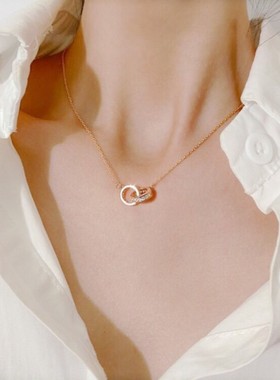 香港正生环环相扣足银s925项链女学生韩版网红闪钻双环网红锁骨链