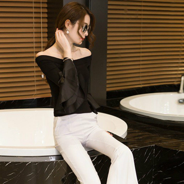 韩版早秋新款喇叭袖口小衫上衣修女T恤一字领修身黑色短款打底衫,淘宝优惠券,粉丝福利购,淘宝优惠卷