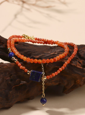 批发天然南红玛瑙青金石方糖双圈手链女士延长链原创精致小巧手串