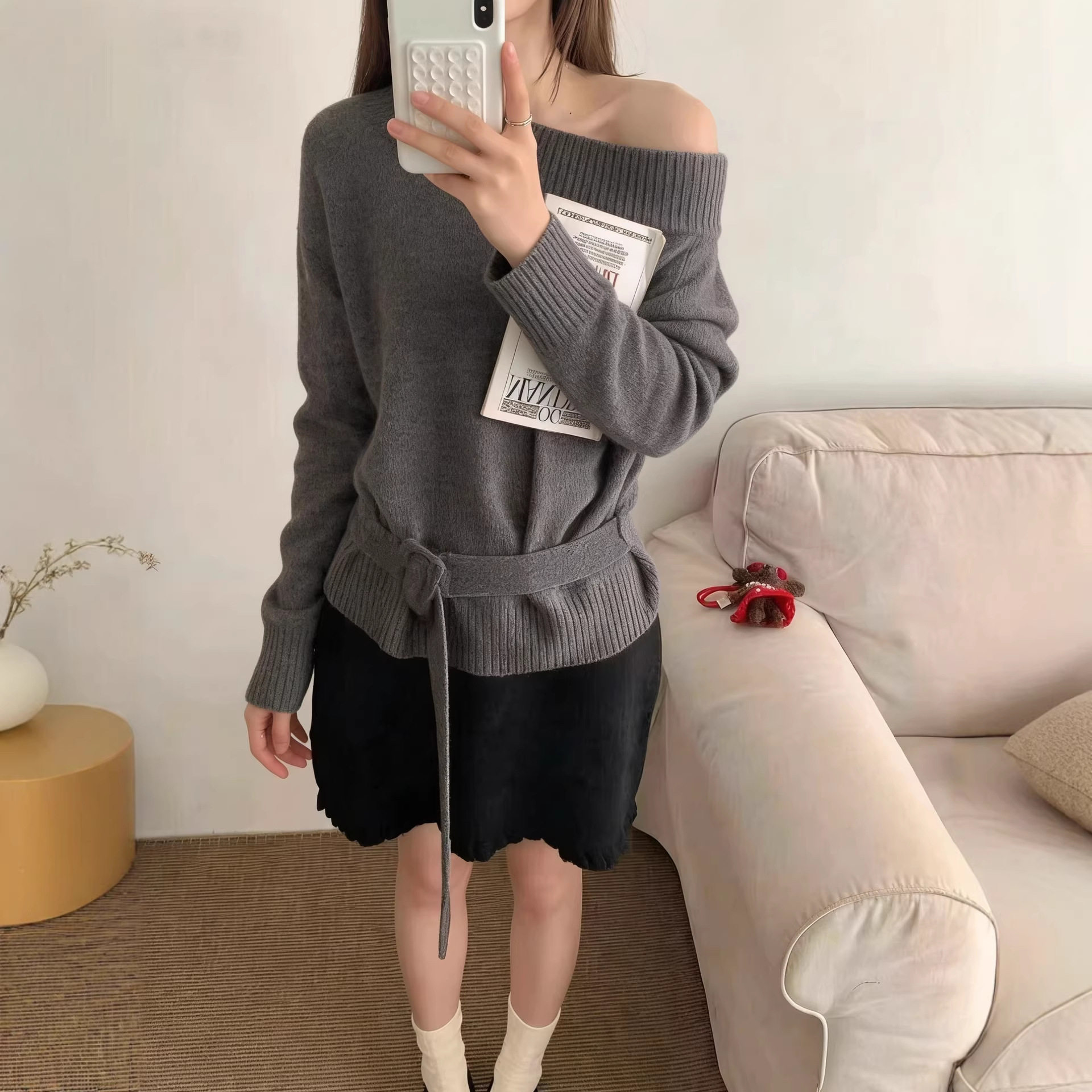 灰色欧洲站冬季女一字领羊驼绒系腰带显瘦羊毛针织衫毛衣女外套KJ,淘宝优惠券,粉丝福利购,淘宝优惠卷