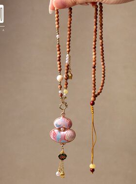 老山檀木珠链宋锦葫芦铃兰流苏镶钻快拆扣项链国风新中式旗袍配链