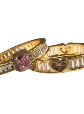 四月的格蕾丝复古纯银S925粉方钻 镀金爱心金戒指