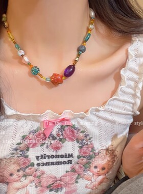 多巴胺甜美彩色陶瓷串珠项链女ins潮轻奢小众感锁骨链颈链高级感