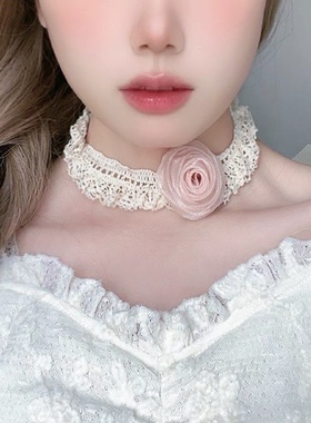 法式玫瑰蕾丝choker颈链少女纯欲风锁骨链欧根纱立体花朵项链配饰