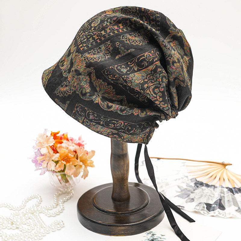 【包头帽】香云纱春秋夏季桑蚕丝睡觉遮白发真丝空调帽防风护头帽