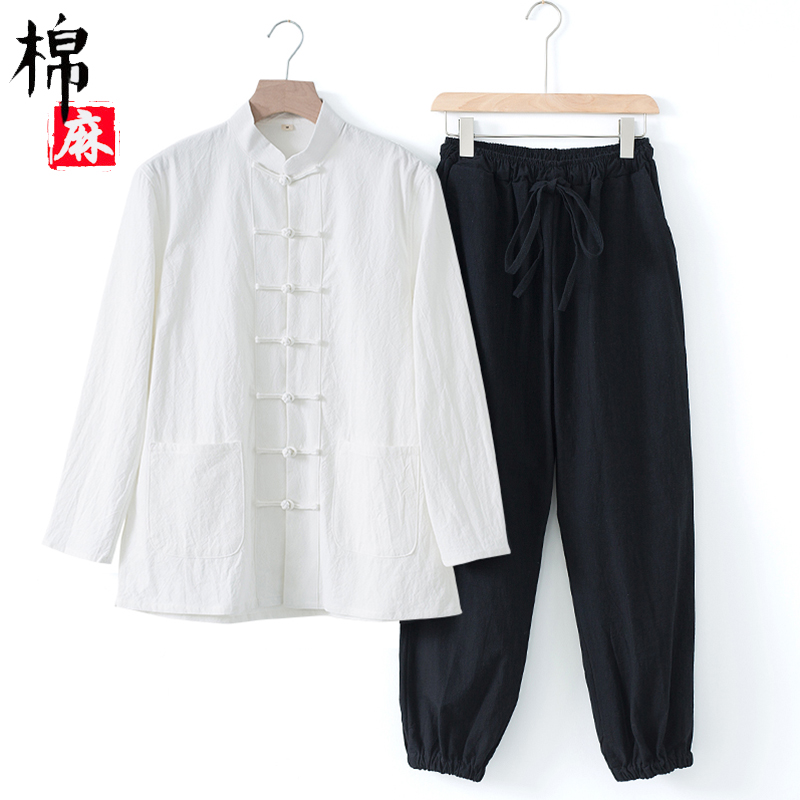 禅意佛系男女居士服中国风棉麻长袖禅修服套装中式古风唐装茶服-图0