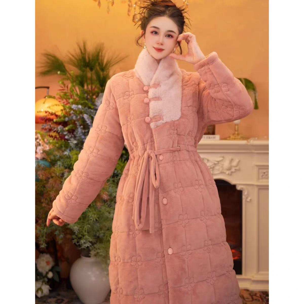 珊瑚绒睡衣女冬季三层夹棉家居服中长款睡袍女冬款加绒保暖夹棉裤,淘宝优惠券,粉丝福利购,淘宝优惠卷