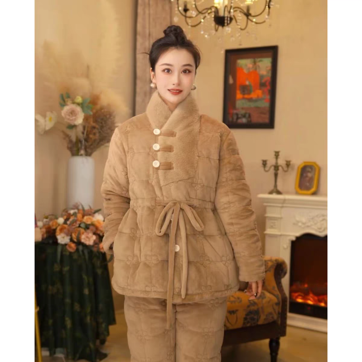 冬季加绒加厚夹棉珊瑚绒睡衣女保暖棉袄女士家居服妈妈套装加大码,淘宝优惠券,粉丝福利购,淘宝优惠卷