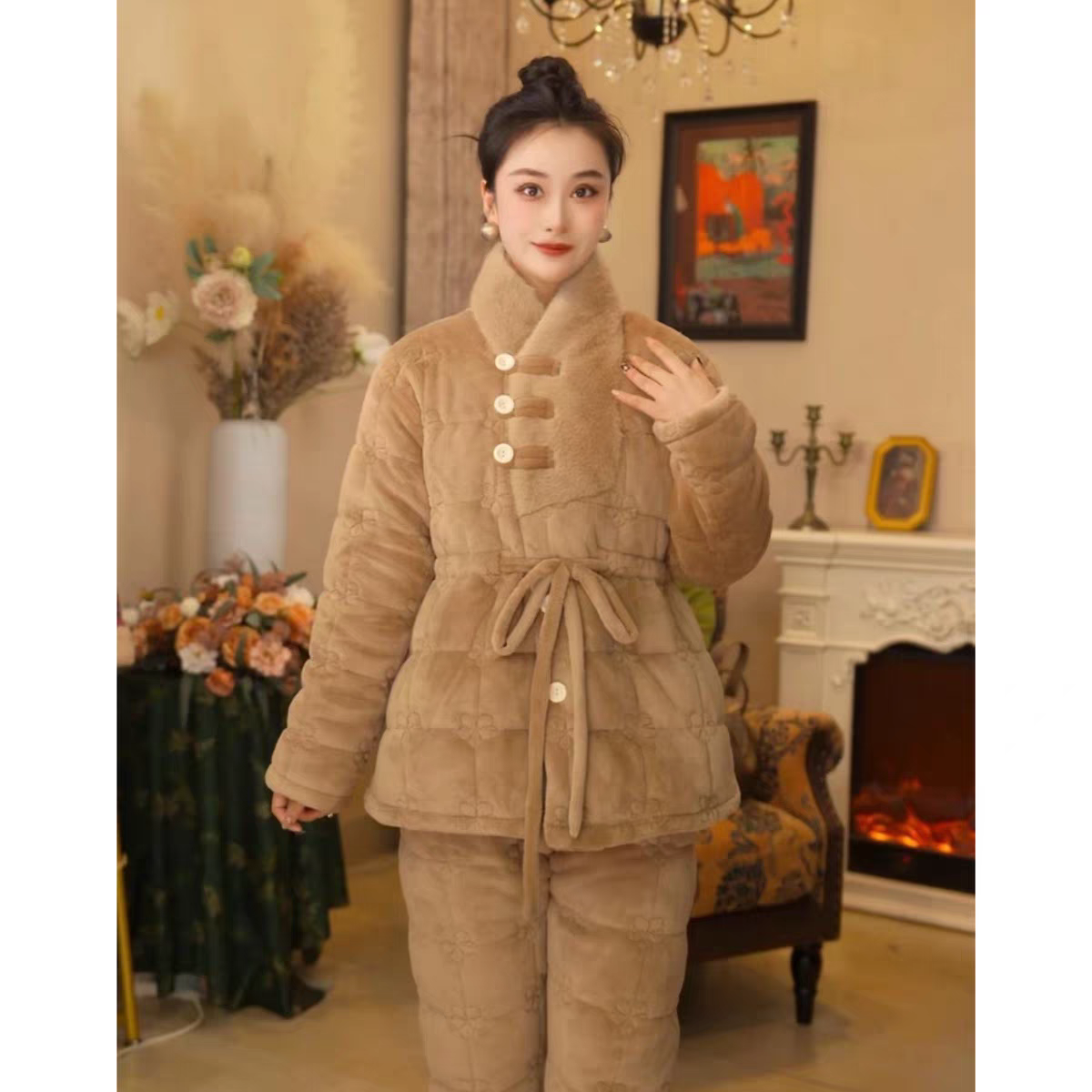 冬季加绒加厚夹棉珊瑚绒睡衣女保暖棉袄女士家居服妈妈套装加大码,淘宝优惠券,粉丝福利购,淘宝优惠卷