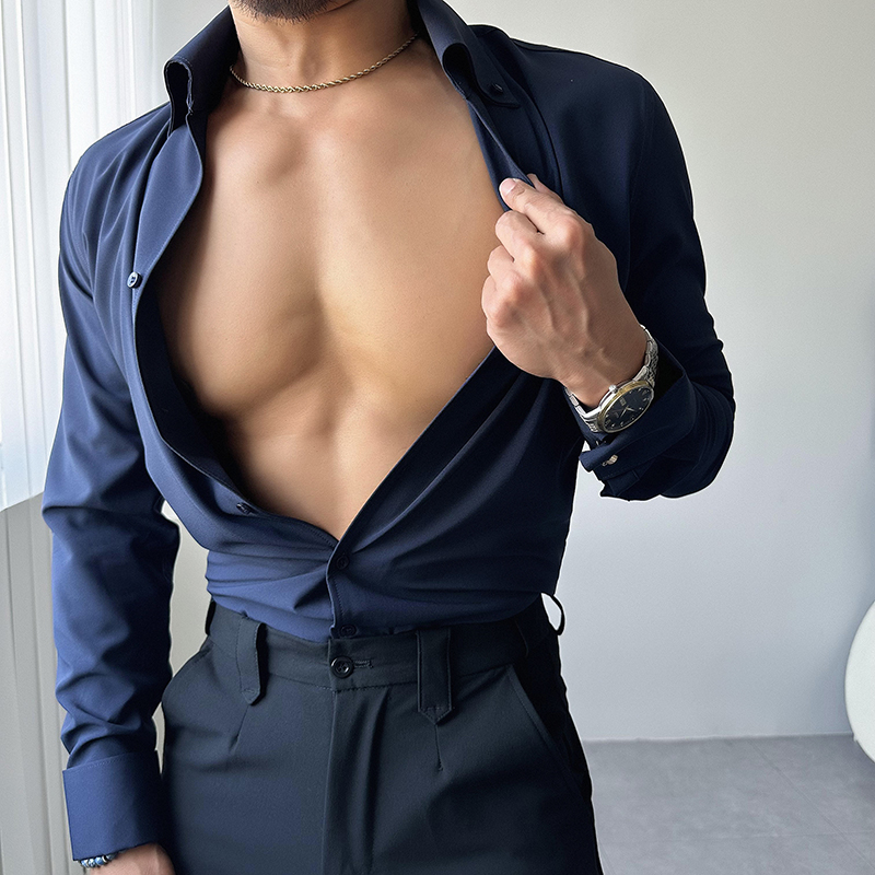 辉先生秋季男士深V领衬衫法式金属袖扣商务休闲修身百搭长袖衬衣 - 图0