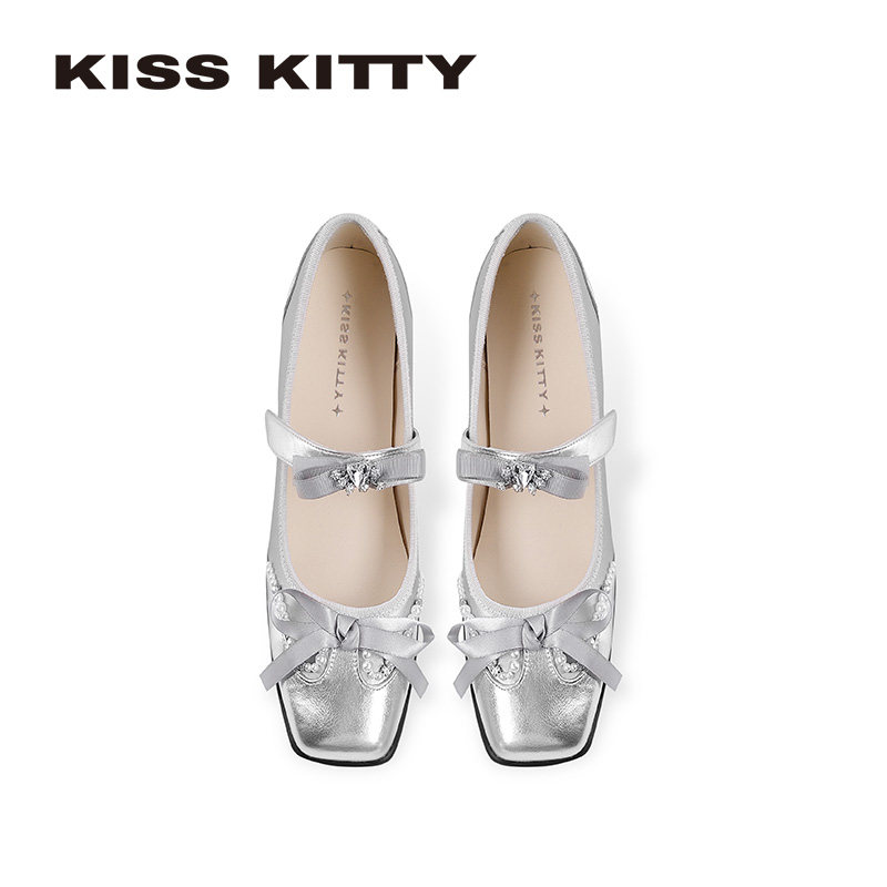 KISSKITTY甜心女孩 法式银色玛丽珍鞋蝴蝶结仙女风平底浅口单鞋女,淘宝优惠券,粉丝福利购,淘宝优惠卷
