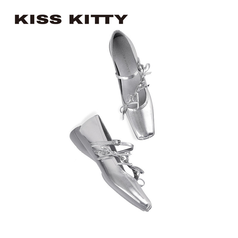 KISSKITTY玛丽珍鞋女2026春新款银色平底芭蕾舞鞋浅口方头单鞋,淘宝优惠券,粉丝福利购,淘宝优惠卷