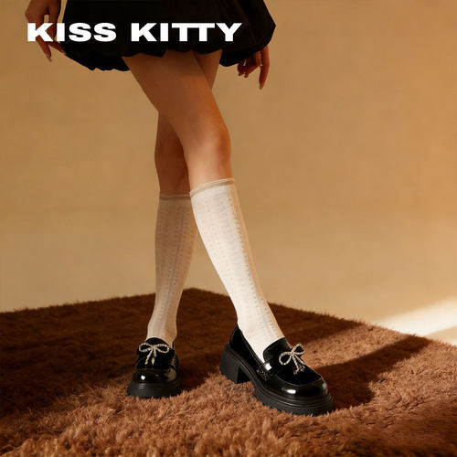 KISSKITTY一脚蹬乐福鞋厚底粗跟英伦风小皮鞋通勤百搭蝴蝶结单鞋 - 图2