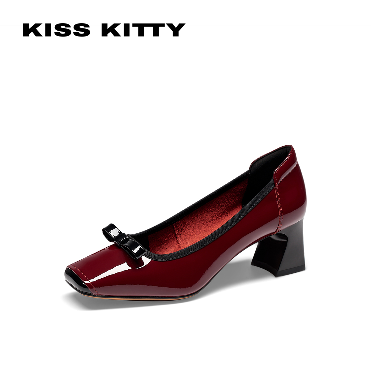 KISSKITTY2024年春季新款漆皮单鞋粗高跟小皮鞋时尚芭蕾鞋婚鞋