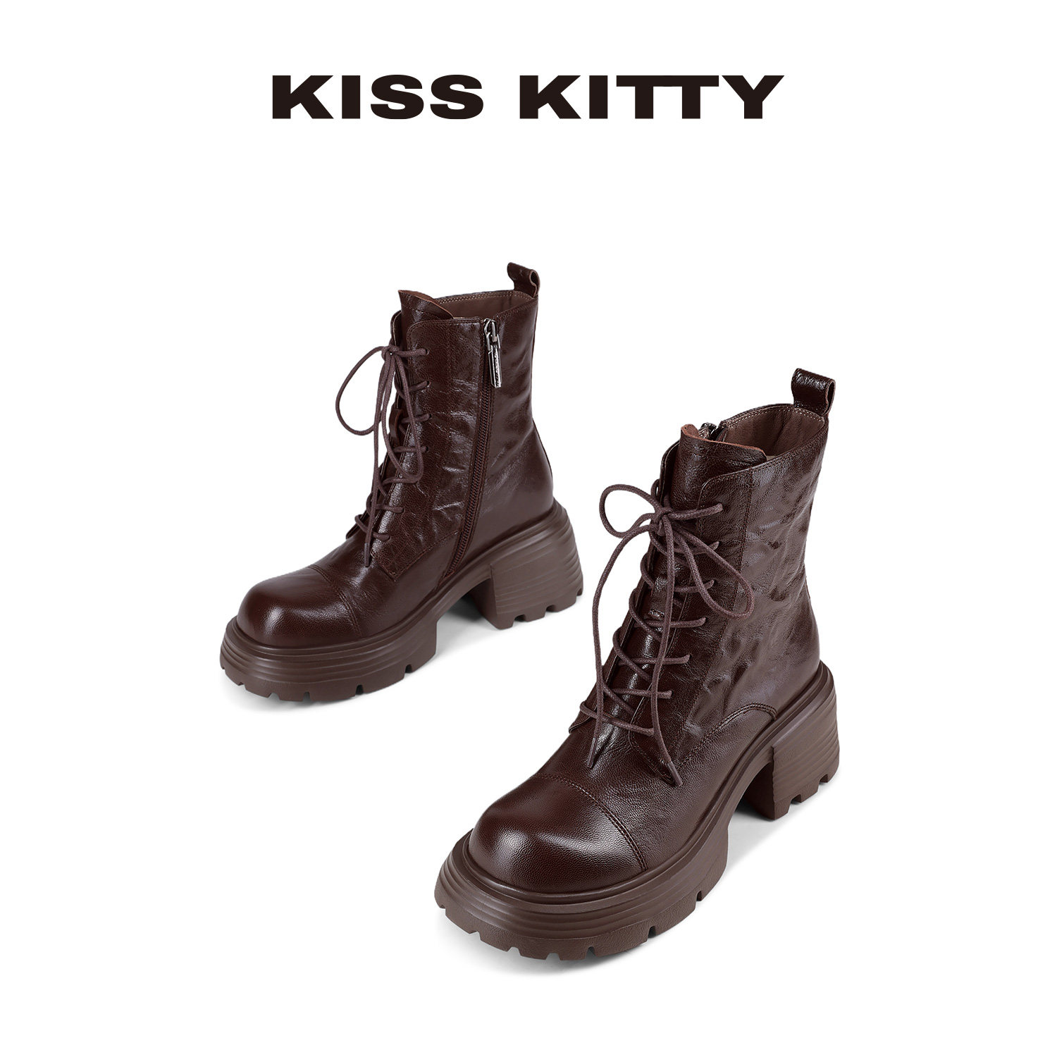 KISSKITTY马丁靴女款2025秋冬新款羊皮棕色厚底复古英伦风短女靴,淘宝优惠券,粉丝福利购,淘宝优惠卷