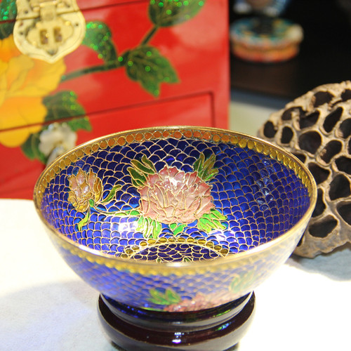 正宗老北京景泰蓝掐丝珐琅库存老货招财脱胎透明蓝碗工艺品摆件 - 图1