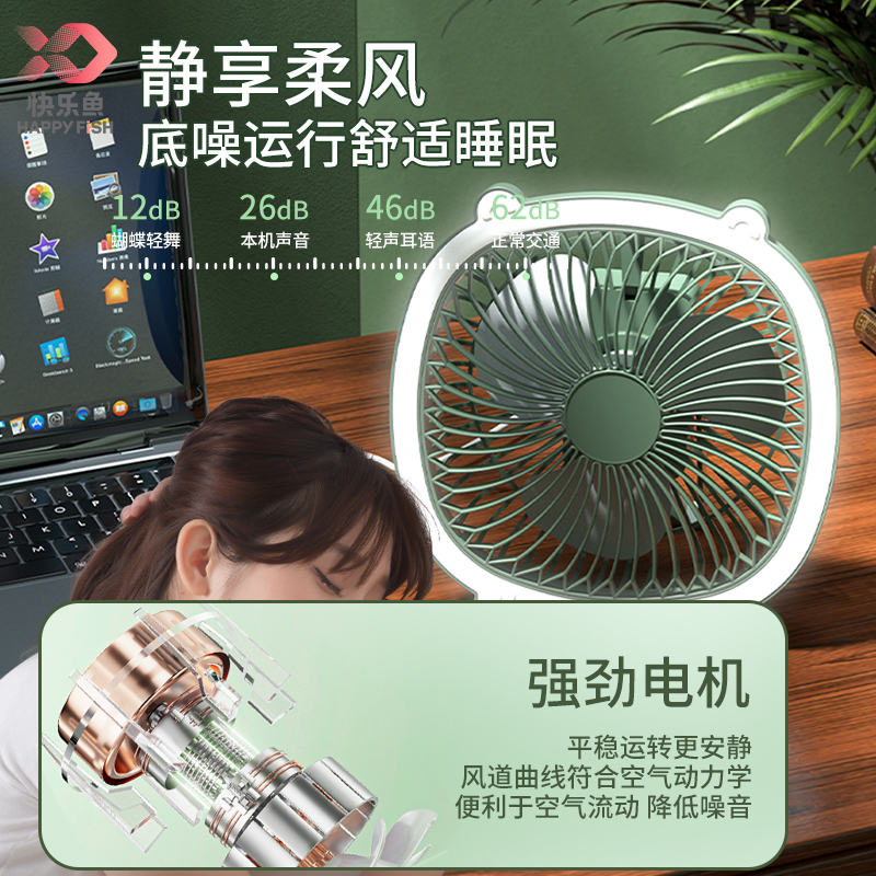 快乐鱼2024新款风扇便携式桌面小型电风扇办公室可充电静音循环扇-图0