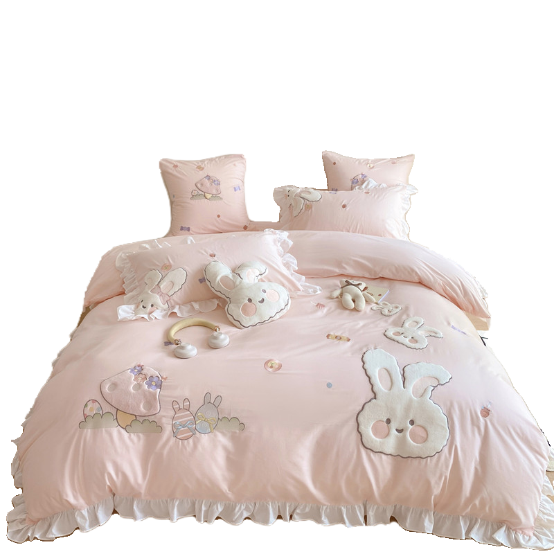 少女心可爱兔子纯棉水洗棉四件套全棉公主风床单儿童女孩床上用品 - 图3