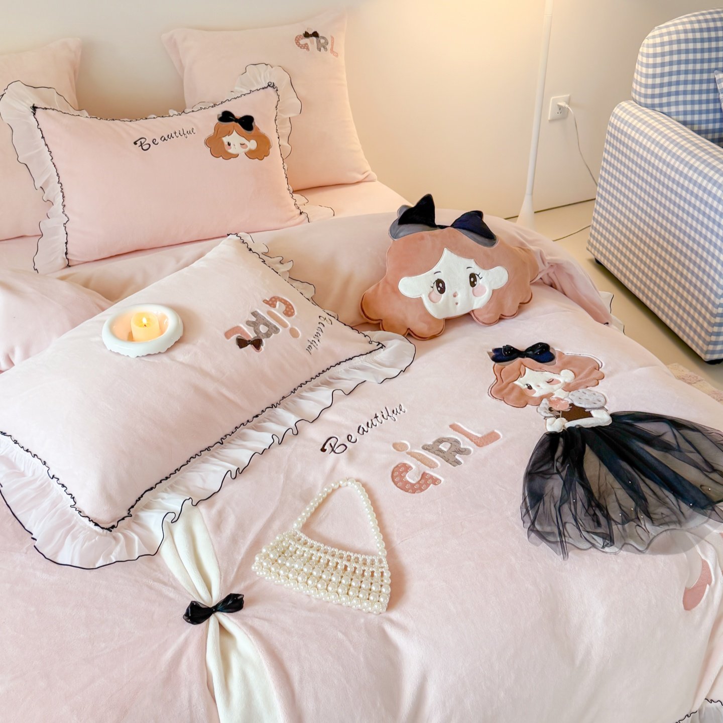 少女心冬季加厚牛奶绒四件套可爱小女孩蕾丝花边被套保暖床上用品,淘宝优惠券,粉丝福利购,淘宝优惠卷