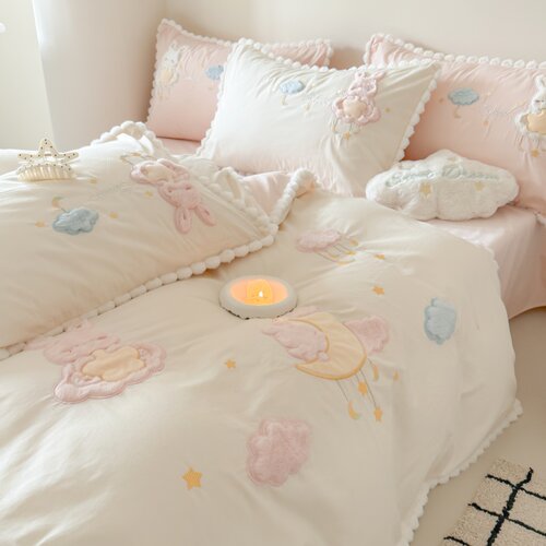 可爱云朵纯棉水洗棉四件套公主风全棉被套少女儿童小清新床上用品 - 图2