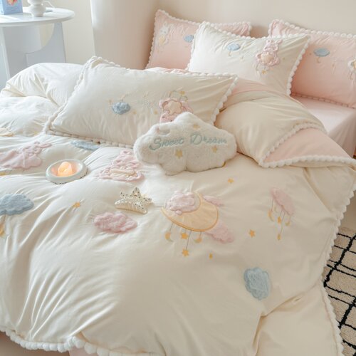 可爱云朵纯棉水洗棉四件套公主风全棉被套少女儿童小清新床上用品 - 图1