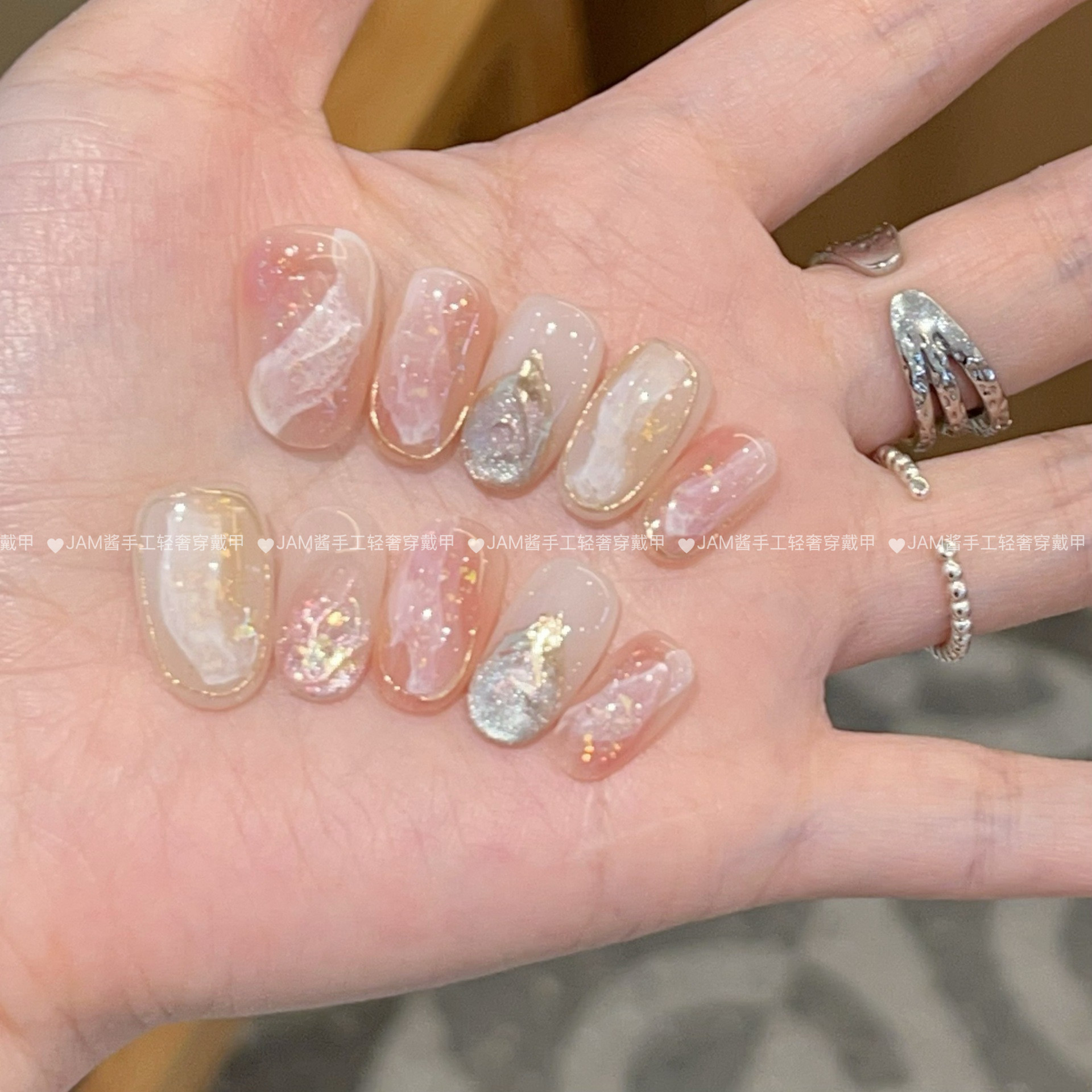 蔷薇少女 新款纯手工穿戴甲中长款粉色多层晕染穿戴美甲贴高级感,淘宝优惠券,粉丝福利购,淘宝优惠卷