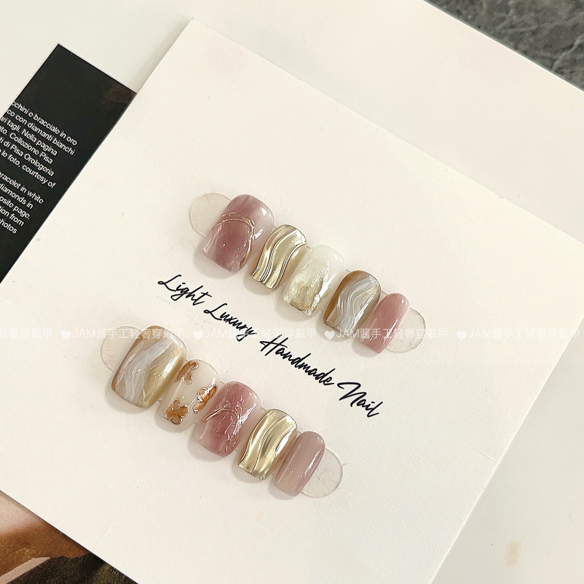 粉糯鎏光 新款纯手工穿戴甲短款粉色晕染香槟金美指甲贴片高级感,淘宝优惠券,粉丝福利购,淘宝优惠卷