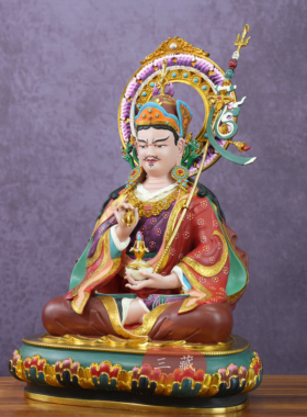 藏传纯铜鎏金彩绘觉莲花生大师像尼泊尔工艺密宗佛堂供奉铜像摆件
