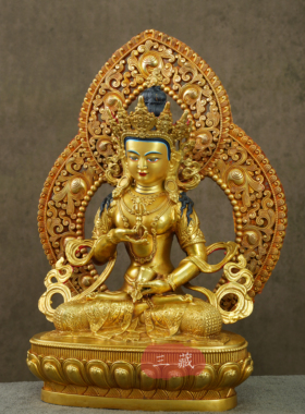 藏传铜鎏金佛像金刚萨埵带背光10寸家用密宗来供奉桌面铜像摆件