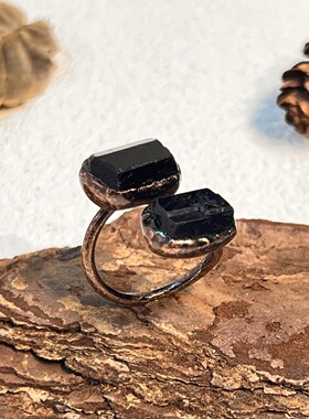 跨境复古风天然黑碧玺蓝晶拉长石不定形开口可调节个性欧美戒指