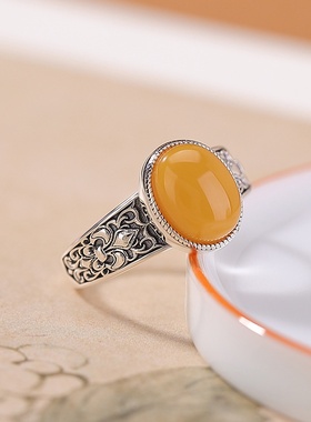 壹鹿银S925纯银蜜蜡蝴蝶戒指复古做旧气质百搭几何蛋面开口银指环