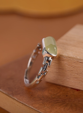 人品银品文艺复古做旧手饰S925银镶和田玉青玉戒指晴水料女马鞍戒