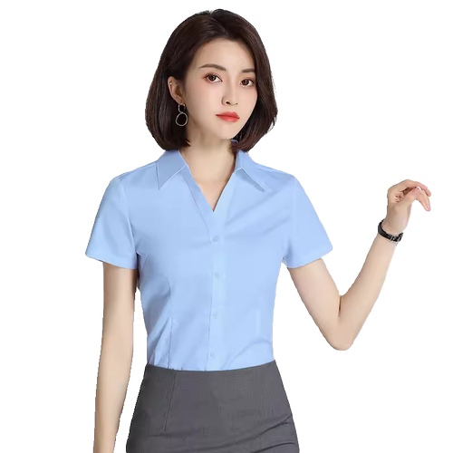 V领短袖衬衫女夏季薄款高端前台正装衬衣棉气质销售职业装工作服-图3