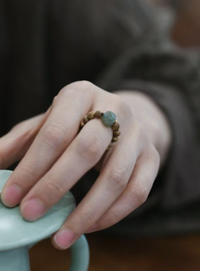 云屿白定制沉香24k金和田玉戒指指环松紧带大小可定制