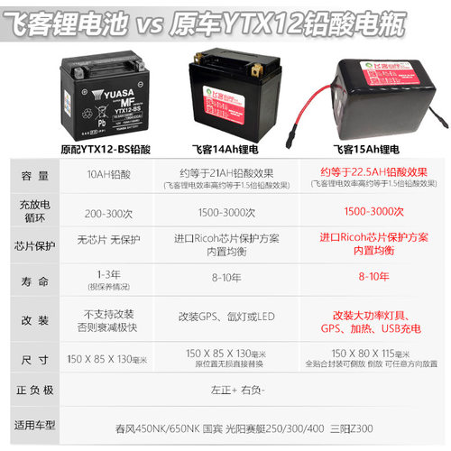 12V摩托车电瓶改飞客铁锂电池14Ah YTX12-BS/MGS12-12/YT12-4通用 - 图1