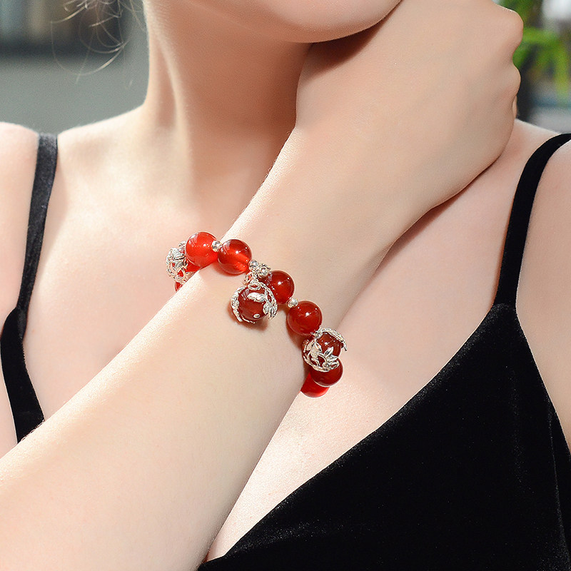 天然红玛瑙水晶纯银转运红色 晶柜手链