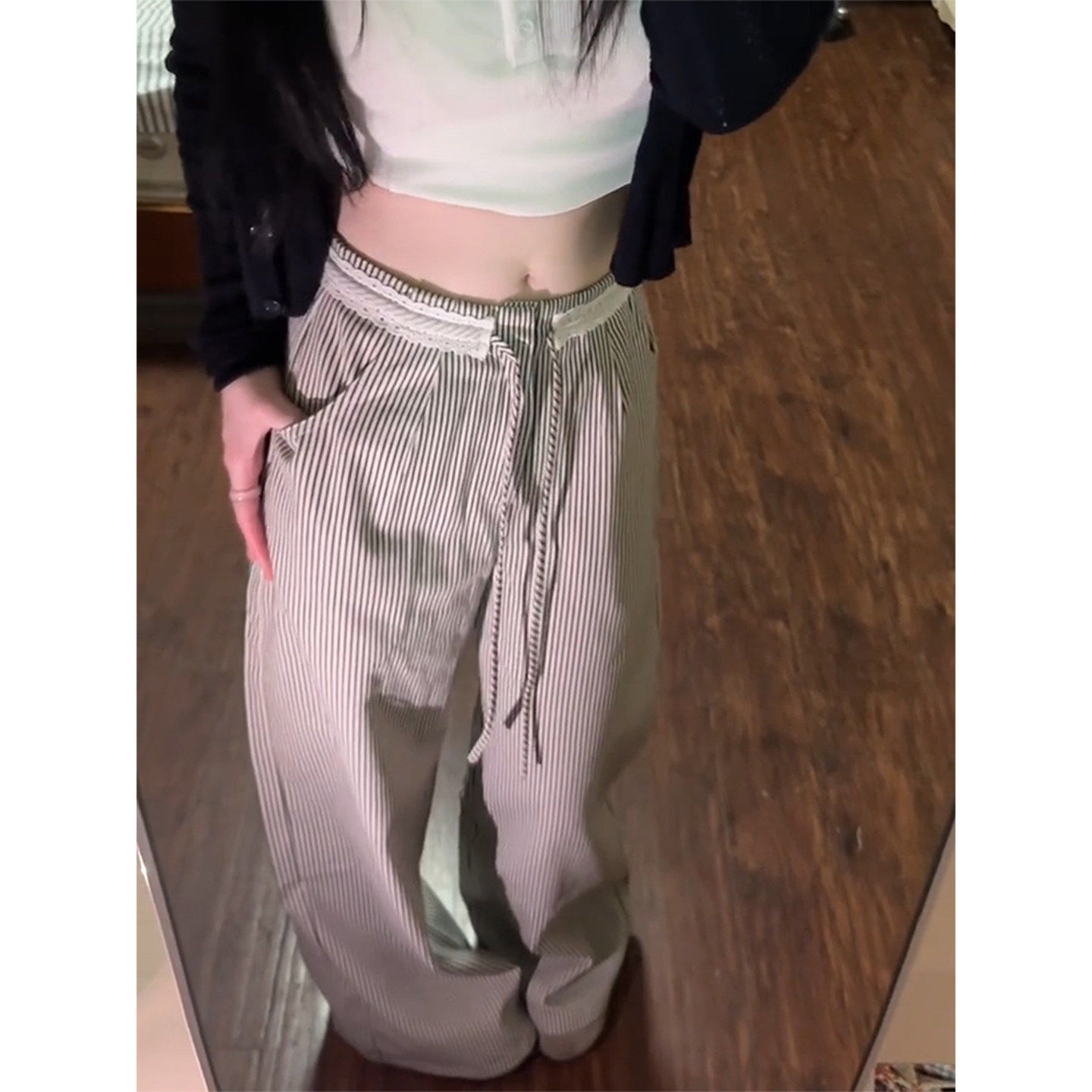 175高个子超长条纹拼接蕾丝抽绳直筒裤女宽松显瘦垂感松紧休闲裤,淘宝优惠券,粉丝福利购,淘宝优惠卷
