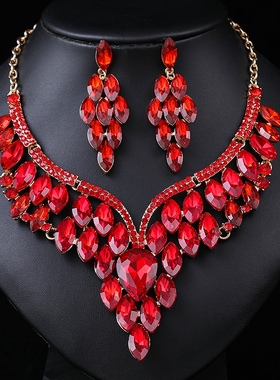 欧美配饰夸张复古项链套装女奢华水晶宴会礼服配饰锁骨链合金材质