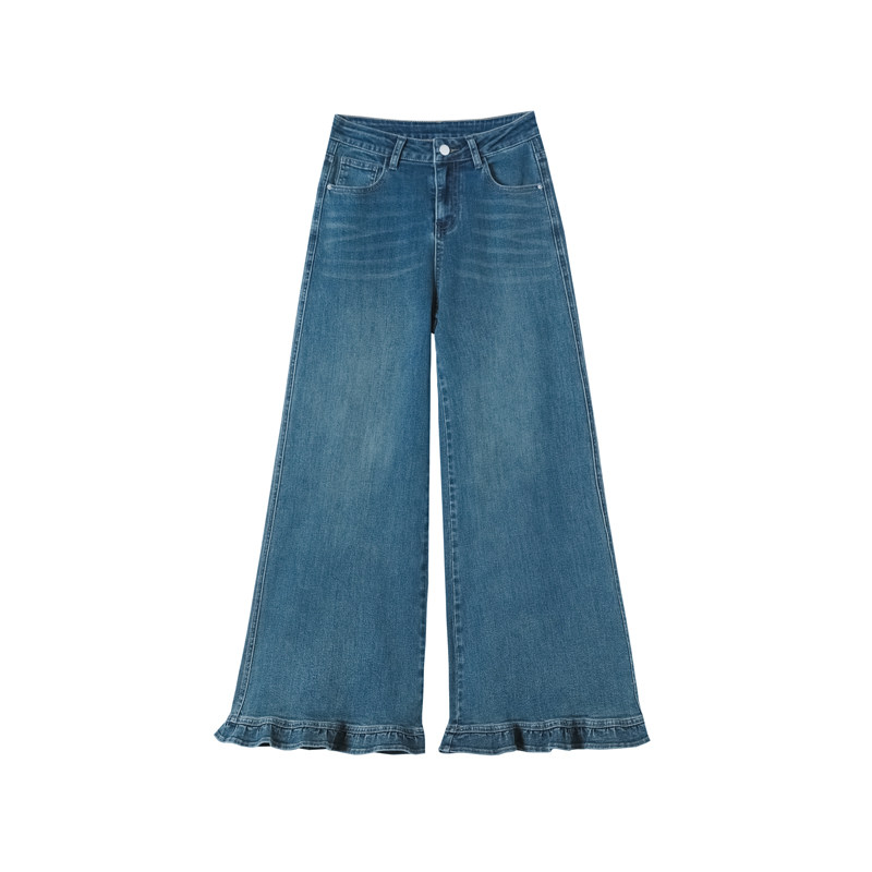 荷叶边阔腿牛仔裤女长裤春秋季新款高腰显瘦弹力不贴腿喇叭裤子,淘宝优惠券,粉丝福利购,淘宝优惠卷