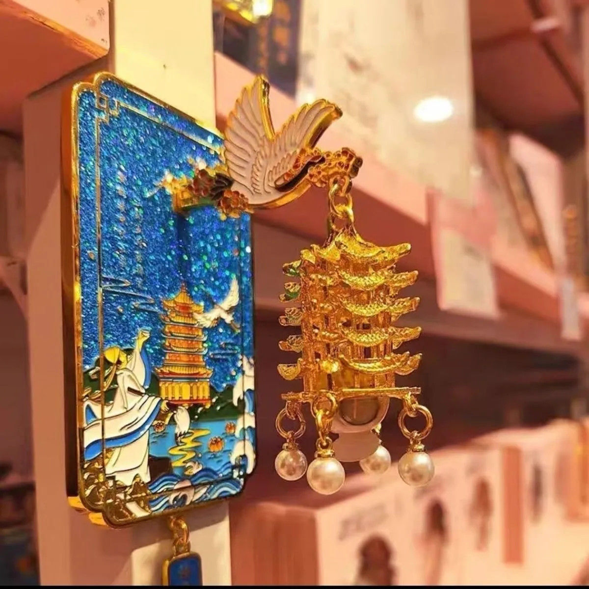 黄鹤楼发光灯笼粉色鹤舞流光樱花款金属磁吸冰箱贴武汉旅游纪念品 - 图2