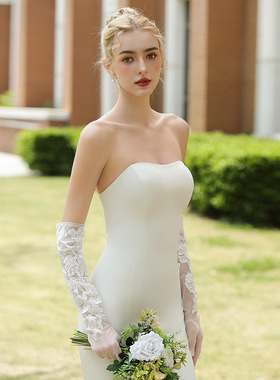 G90009新娘婚纱礼服短款薄纱蕾丝女士礼仪优雅风派对表演年会手套