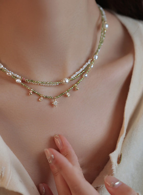 巴洛克异形淡水珍珠绿色锆石串珠项链轻奢小众锁骨链星星水滴