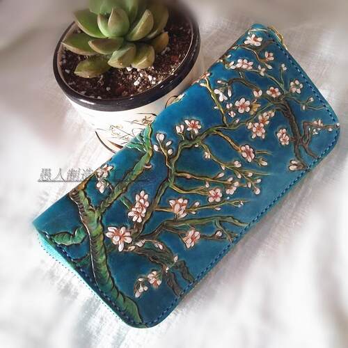 定制  手工 进口 雕刻 植鞣皮 梵高杏花 手包 - 图1