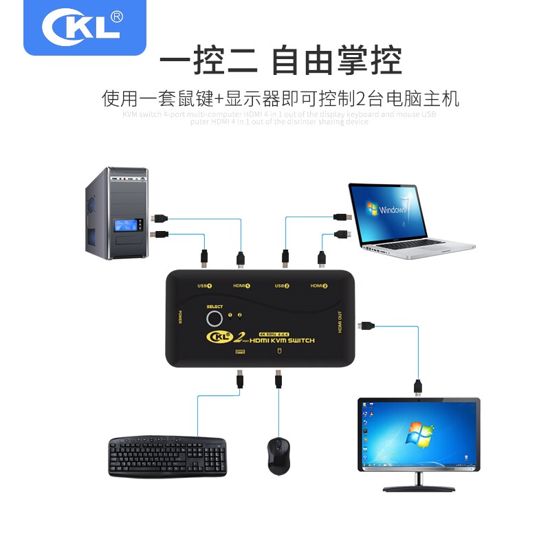 cKL HDMI自动4K60hz KVM切换器2进1出 主机电脑硬盘录像机切换器共用键鼠显示器手动切换器 CKL-21UH