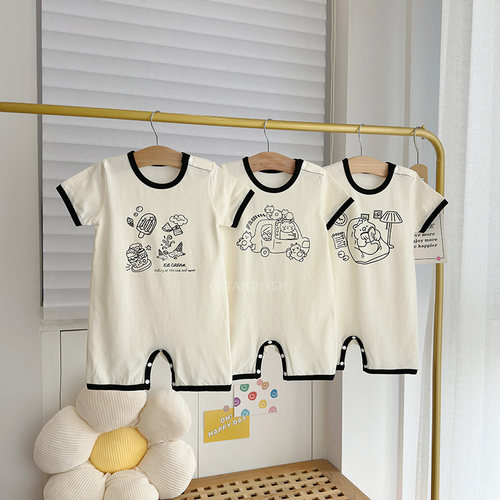 男童纯棉短袖哈衣小女童婴儿薄款夏装爬爬服睡衣新生儿夏季连体衣 - 图1