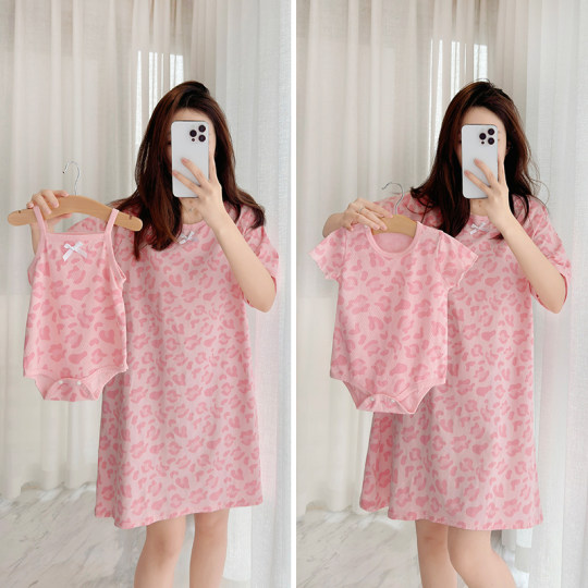 亲子连衣裙女童春夏纯棉爬服哈衣宝宝婴儿夏季三角包屁衣睡衣外穿