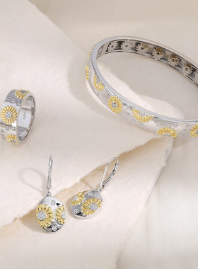 S925纯银！向日葵手镯法式复古小众设计时尚高级精致百搭纯银耳饰