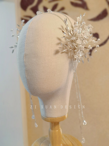 仙美发链花朵水晶镶钻婚纱韩式披发造型流苏边夹新娘头饰白纱饰品 - 图2